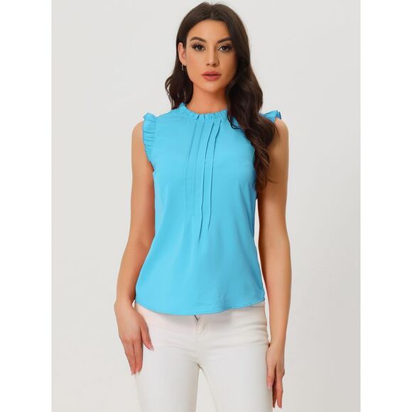 Ruffled Business Office Vintage Sleeveless Work Blouses Top Sky Blue - Picture 2 of 6